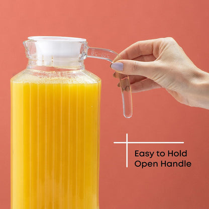 60Oz Glass Pitcher with Lid (2 Lids) - Beverage Serveware and Storage Container for Cold Drinks and Liquids. Juice Container, Water Jug, Fridge Pitcher for Iced Tea or Milk