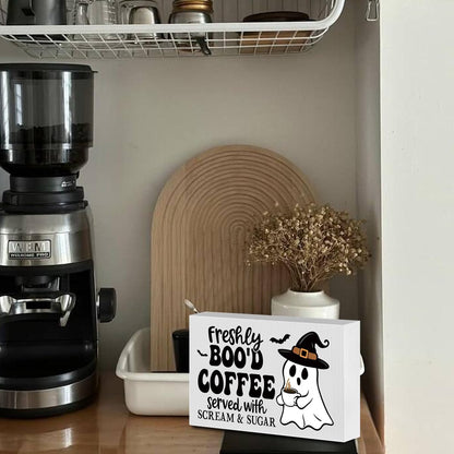 Coffee Bar Sign Cute Halloween Gifts for Women Kitchen Decor Wood Box Halloween Signs Indoor Freshly Booed Coffee Ghost Decor