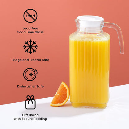60Oz Glass Pitcher with Lid (2 Lids) - Beverage Serveware and Storage Container for Cold Drinks and Liquids. Juice Container, Water Jug, Fridge Pitcher for Iced Tea or Milk