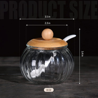 Salt Cellar, 8 Oz / 250 ML Glass Container with Bamboo Lid, Cute Pumpkin Condiment Jar, Storage Canister with Scoop, Kitchen Countertop Seasoning Bowl for Sugar, Spice, Pepper