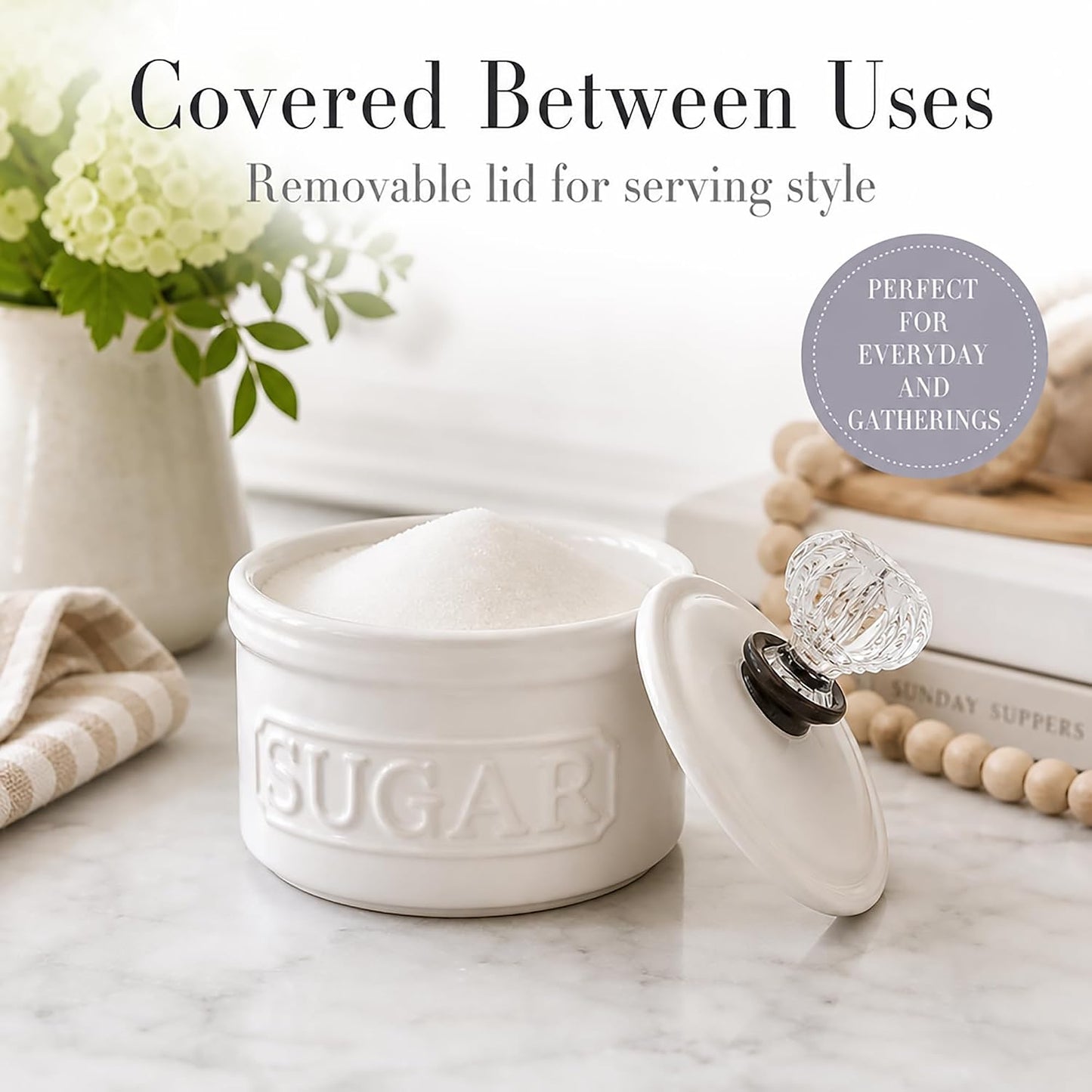 Door Knob Sugar Bowl, White 5.85H X 6.7L X 6.35W