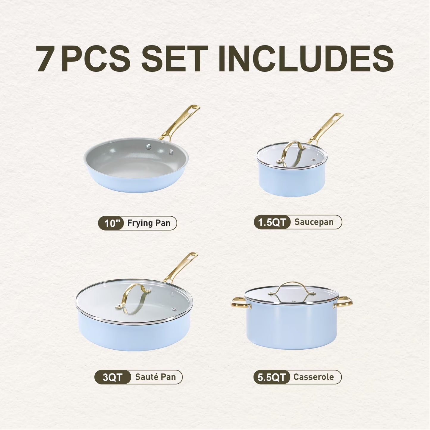 7 Pcs Ceramic Cookware Sets, Non-Stick Pots and Pans Set with Stainless Steel Handles, Dishwasher and Oven Safe, Light Blue with Light Gold Handles