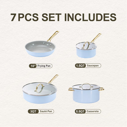 7 Pcs Ceramic Cookware Sets, Non-Stick Pots and Pans Set with Stainless Steel Handles, Dishwasher and Oven Safe, Light Blue with Light Gold Handles