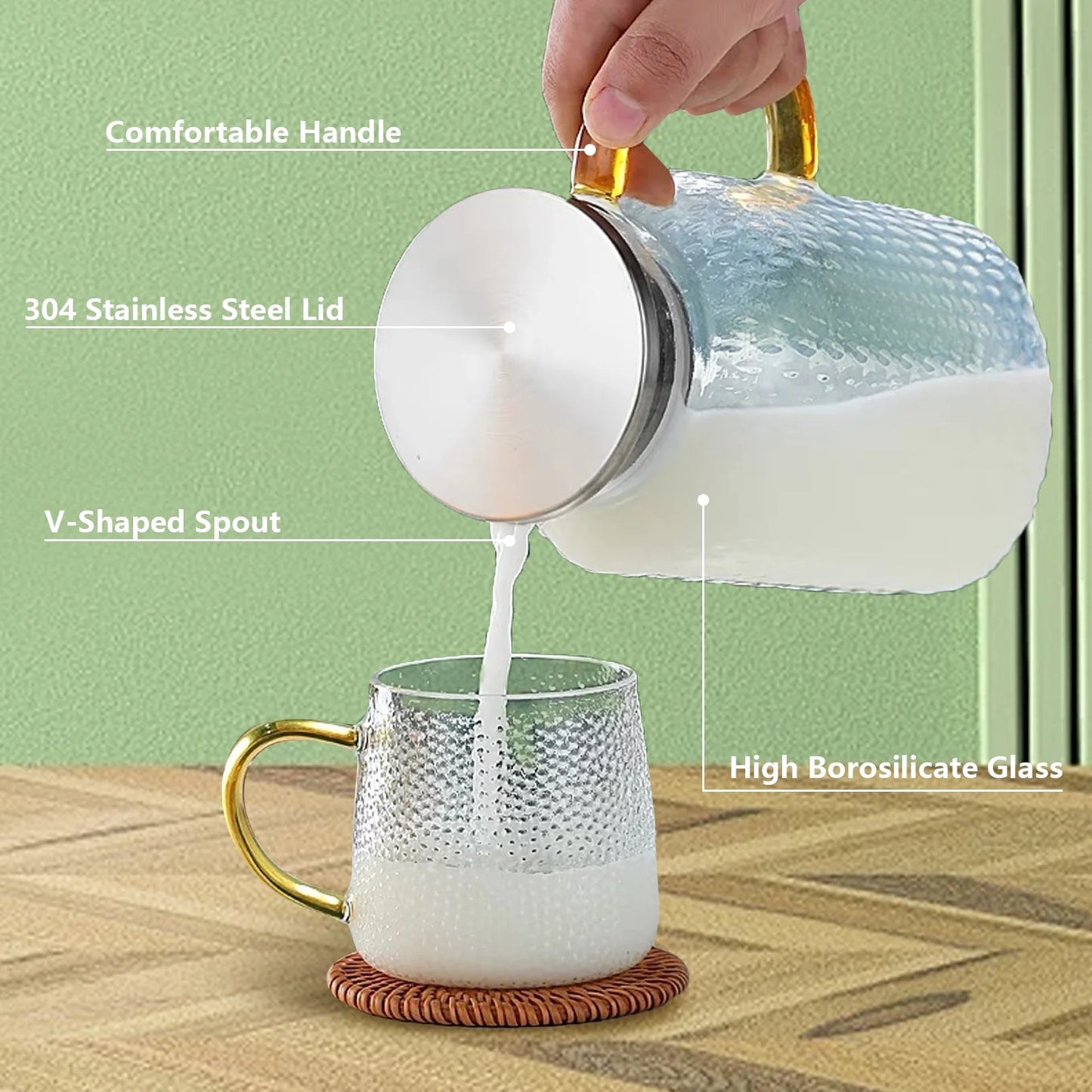 68Oz Glass Pitcher with Stainless Steel Lid and Handle,Clear Iced Tea Brewing Pitcher for Beverage,Lemonade