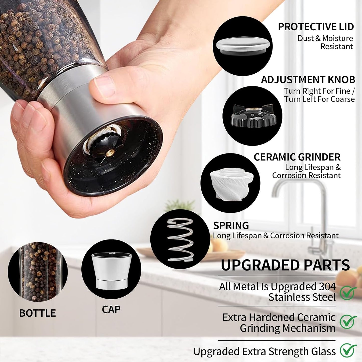 Premium Salt and Pepper Grinder Set of 2, Refillable Stainless Steel Spice Shakers with Adjustable Coarseness, Easy Clean Durable Ceramic Mills, Include Silicone Funnel & Cleaning Brush (5.3"H-2 Pack)