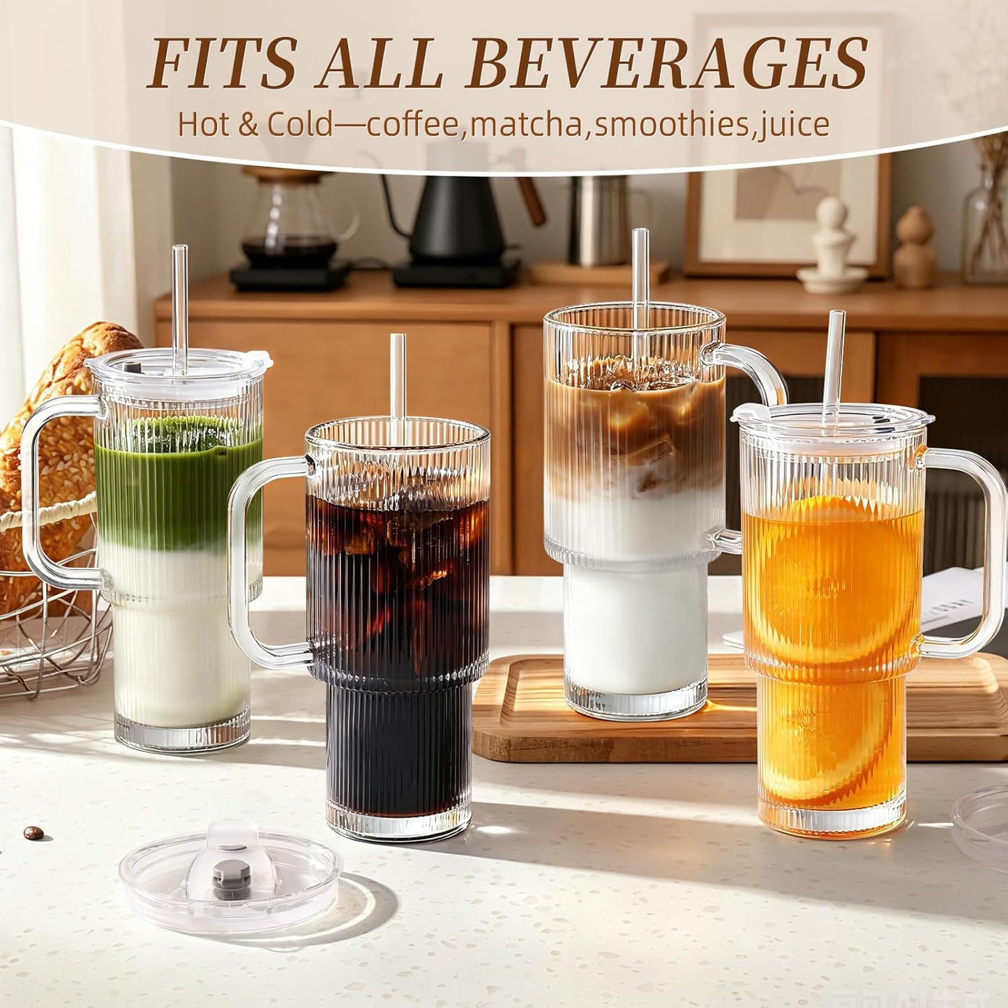 Iced Coffee Cups with Lids: Coffee Bar Accessories - Ribbed Glass Tumbler with Straw and Lid 4 Pack - 24Oz Tumbler Leak Proof - Glass Cups Tumbler with Lid and Straws - Coffee Tumbler with Handle700Ml