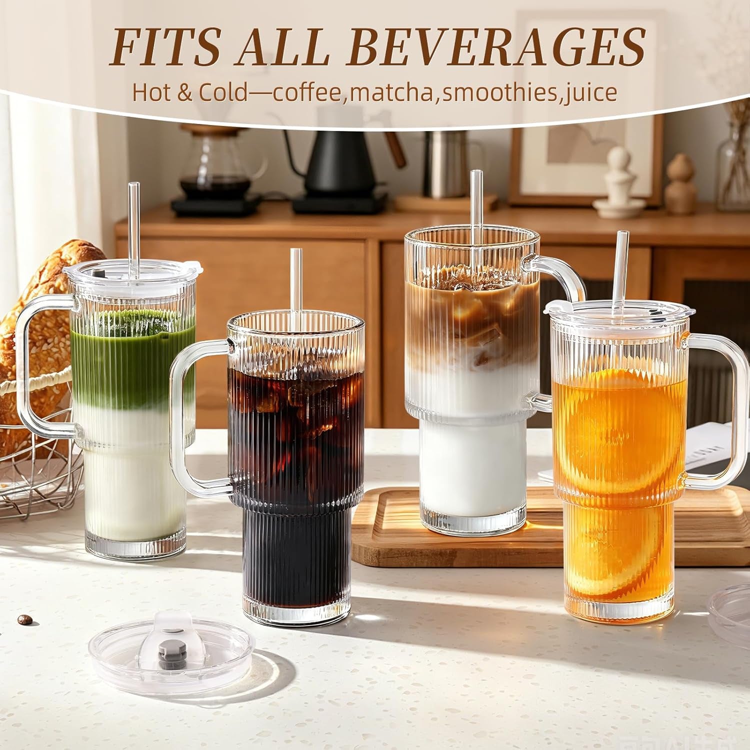 Iced Coffee Cups with Lids: Coffee Bar Accessories - Ribbed Glass Tumbler with Straw and Lid 4 Pack - 24Oz Tumbler Leak Proof - Glass Cups Tumbler with Lid and Straws - Coffee Tumbler with Handle700Ml