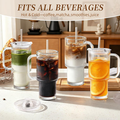 Iced Coffee Cups with Lids: Coffee Bar Accessories - Ribbed Glass Tumbler with Straw and Lid 4 Pack - 24Oz Tumbler Leak Proof - Glass Cups Tumbler with Lid and Straws - Coffee Tumbler with Handle700Ml