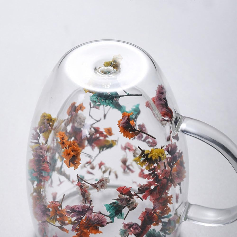 Flower Double Wall Clear Glass Coffee Mugs Creative Clear Glass Cups with Handle Flowers Double Insulated Glass Cup for Hot Cold Beverages Cappuccino Latte, Espresso Juice Glass Coffee Cups