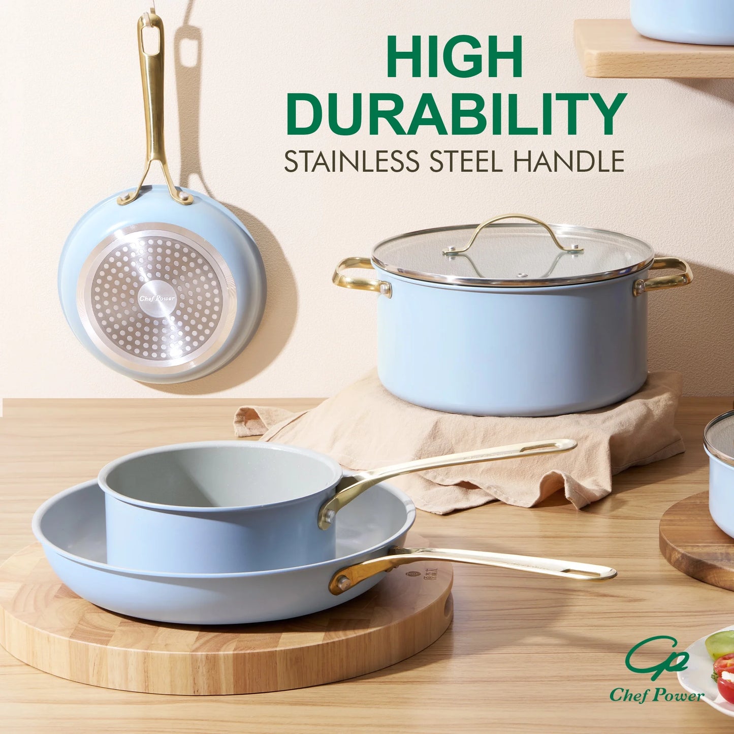 7 Pcs Ceramic Cookware Sets, Non-Stick Pots and Pans Set with Stainless Steel Handles, Dishwasher and Oven Safe, Light Blue with Light Gold Handles