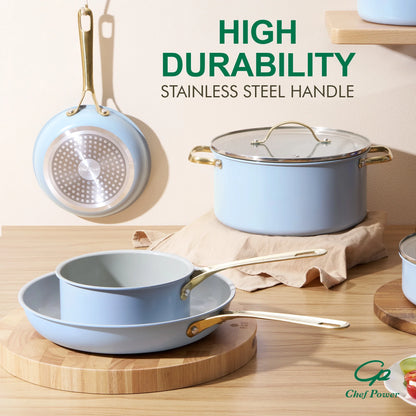 7 Pcs Ceramic Cookware Sets, Non-Stick Pots and Pans Set with Stainless Steel Handles, Dishwasher and Oven Safe, Light Blue with Light Gold Handles